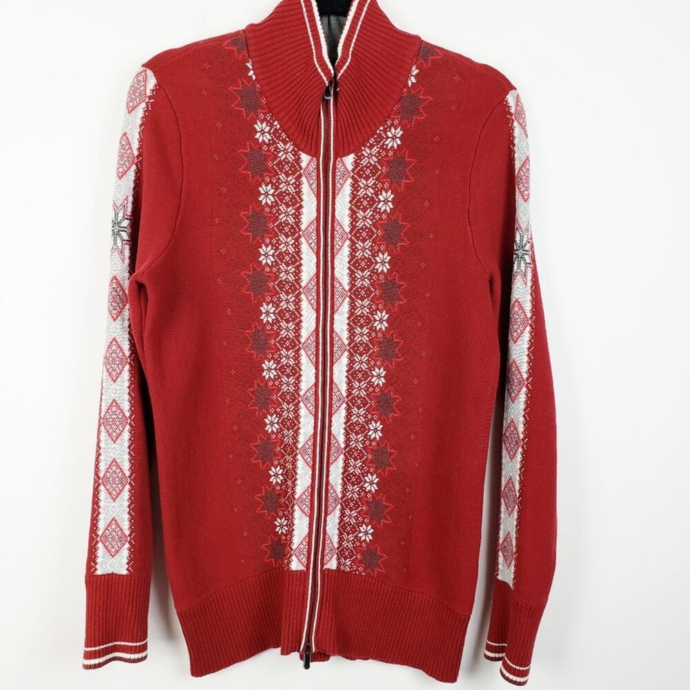 Eddie Bauer Vintage Red  Snowflake Fair isle Zip‎ Front Cardigan Sweater Ski